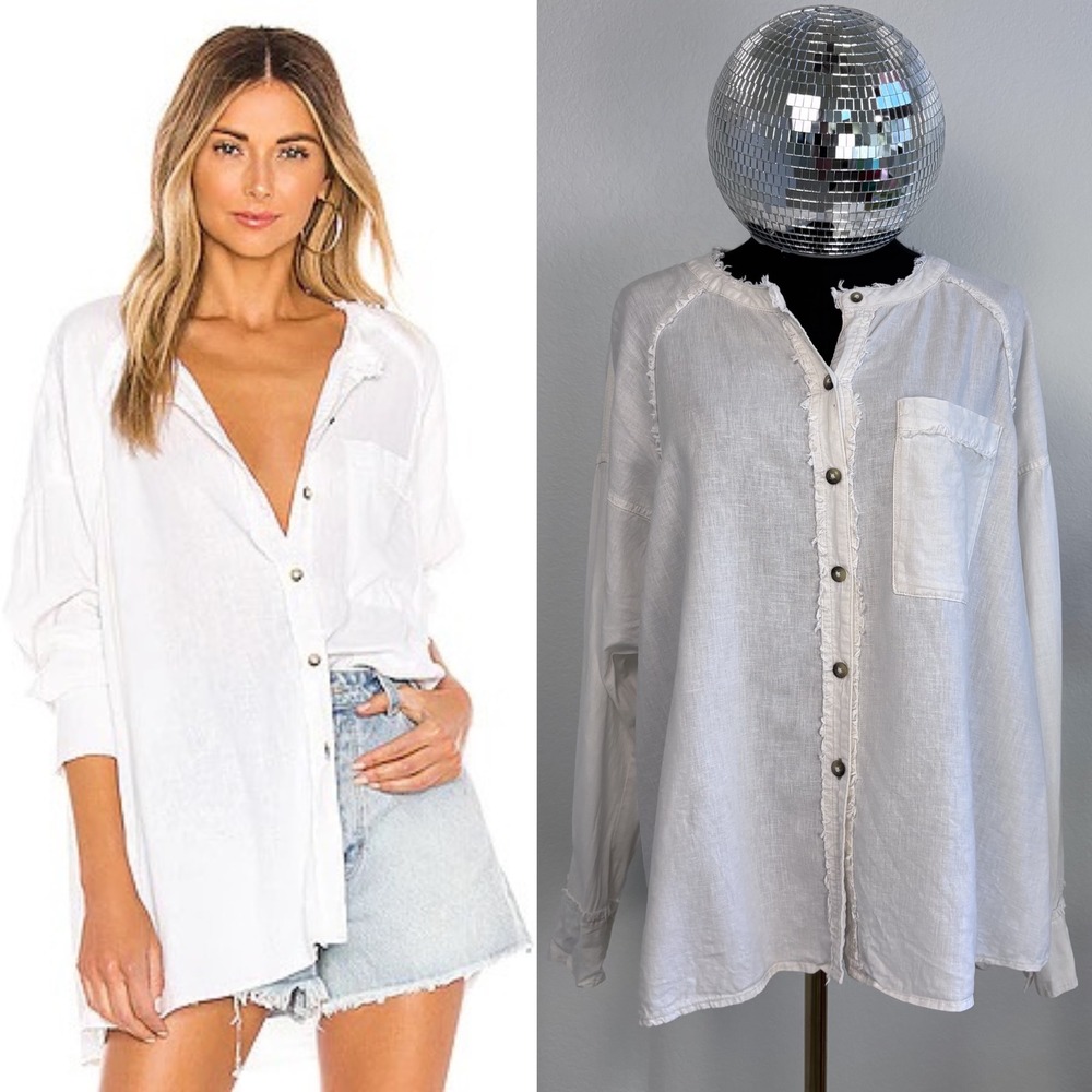 We The Free People Keep It Simple Button Down Top Size XS Ivory Linen Blend